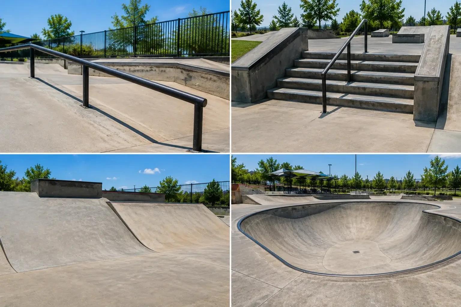 Modern community skate park featuring concrete bowls, ramps, stairs, ledges, and grind rails for different skating skill levels.